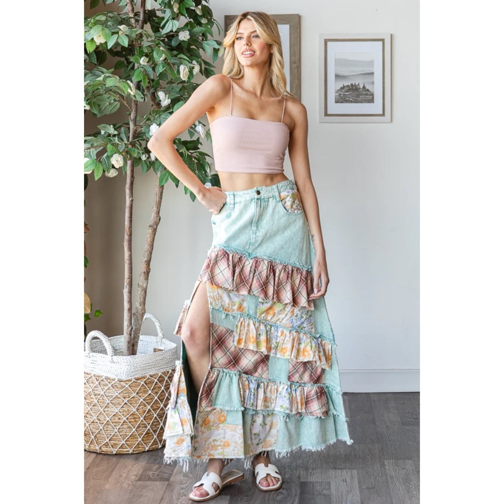 Oli & Hali Floral + Plaid Patchwork Ruffled Denim Maxi - Picture 3 of 11